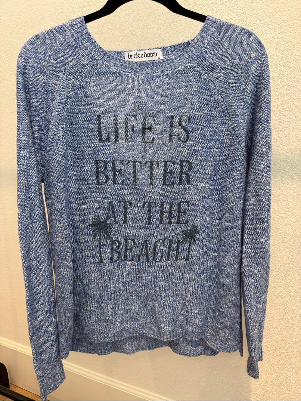 Brokedown Blue Crewneck Sweater with Beach Graphic